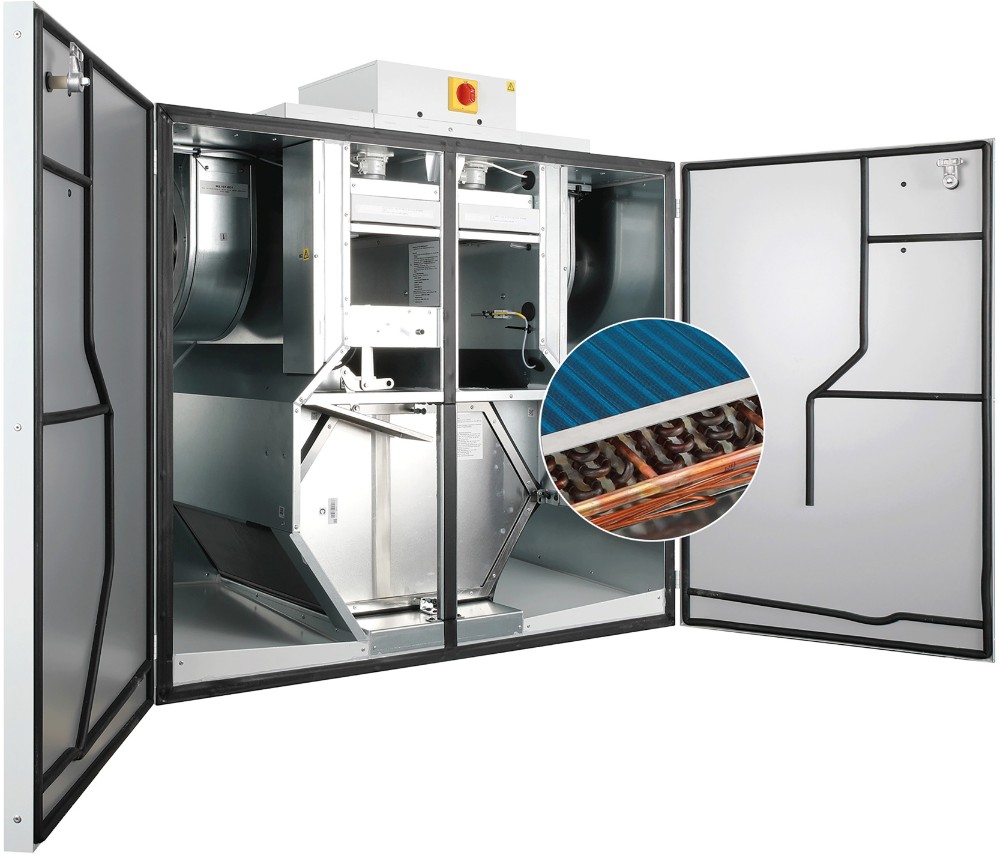 Das neue DX-Register von VALLOX temperiert Frischluft energieeffizient und entlastet so Heiz- und Kühlsysteme – für eine bessere Energiebilanz. Abbildung Vallox