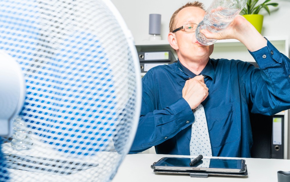 Bei einer Raumtemperatur von 26–30 °C sollten erste Maßnahmen ergriffen werden, wie das Bereitstellen von Ventilatoren und Getränken. Abbildung: Jens Rother, Depositphotos