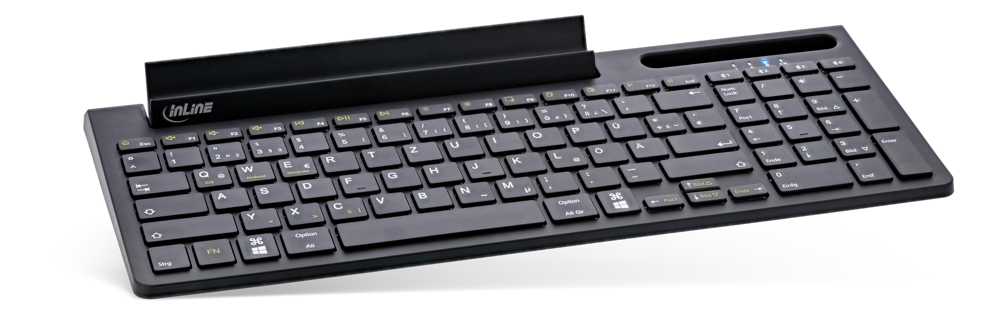 Problemlos switchen zwischen bis zu vier Geräten mit der Bluetooth-Aluminium-Tastatur 4-in-1. Abbildung: InLine