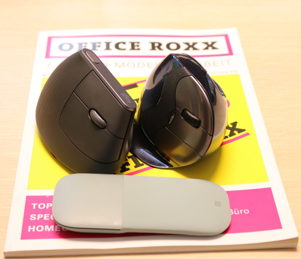 Unsere drei Mäuse von Microsoft, Logitech und Bakker Elkhuizen im Redaktionstest. Abbildung: OFFICE ROXX
