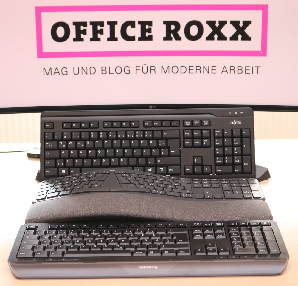 Unsere drei Tastaturen von Cherry, Logitech und Fujitsu im Redaktionstest. Abbildung: OFFICE ROXX