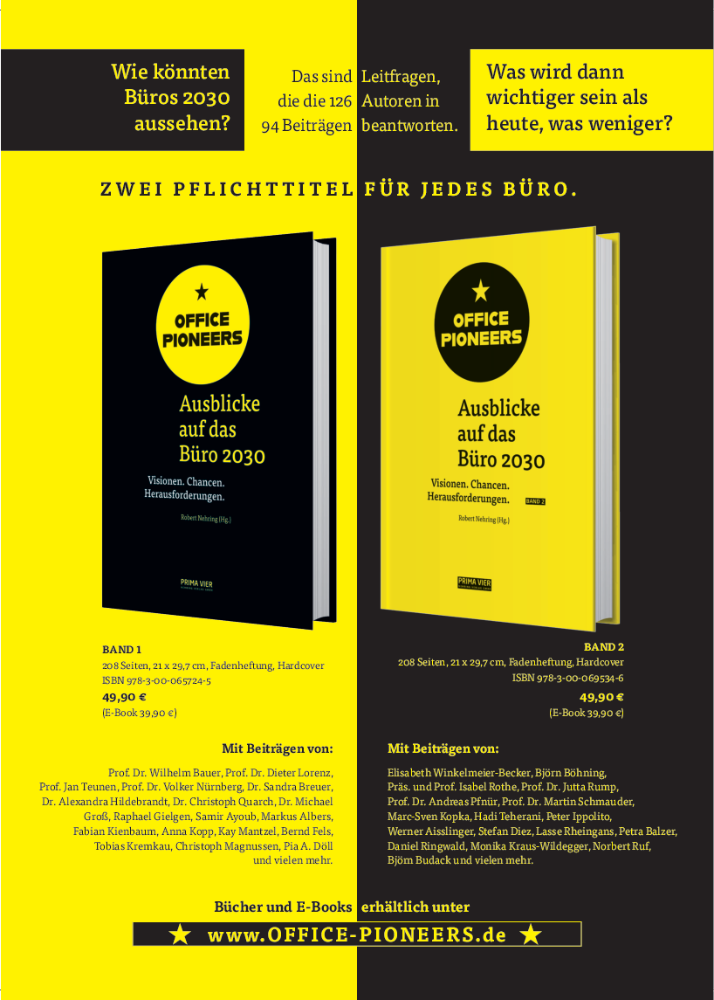 Jeweils fünf Mal zwei Exemplare der Sammelbände „OFFICE PIONEERS. Ausblicke auf das Büro 2030 (Band 1 & 2)“, Hg. Robert Nehring, PRIMA VIER Nehring Verlag, 2020 & 2021, im Gesamtwert von jeweils 99,80 €.