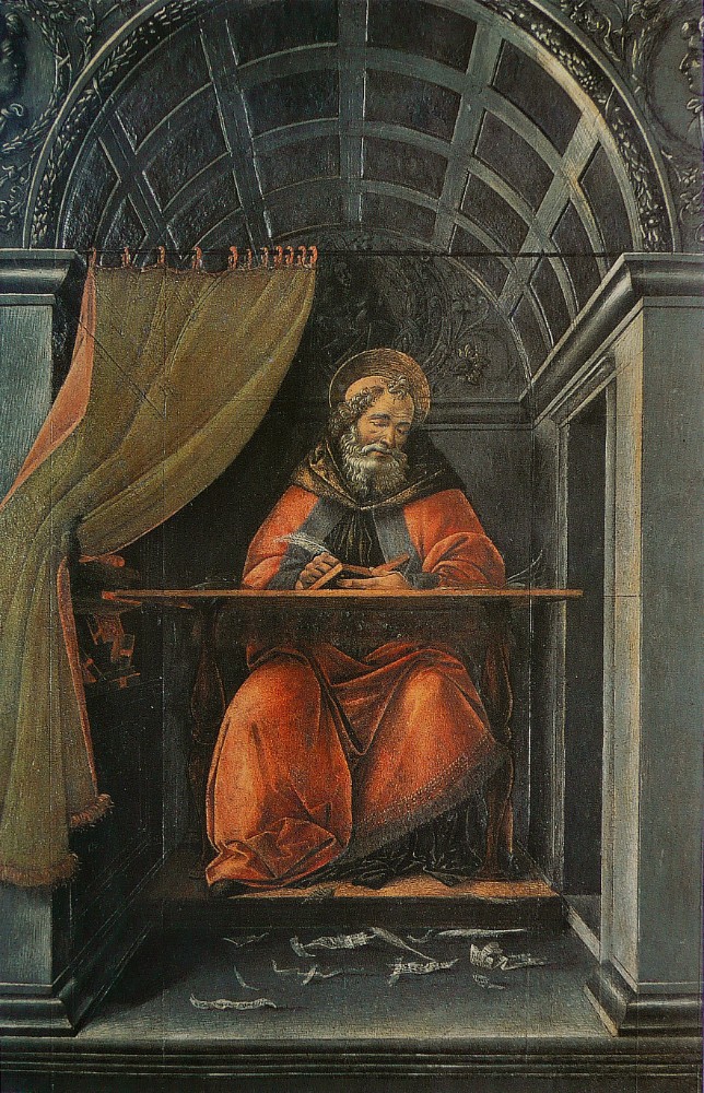 Das Gemälde „Sant’ Agostino nello studio“ von Sandro Botticelli aus dem Jahre 1494 zeigt die typische Schreibarbeit im mittelalterlichen Kloster. Abbildung: Wikimedia Commons