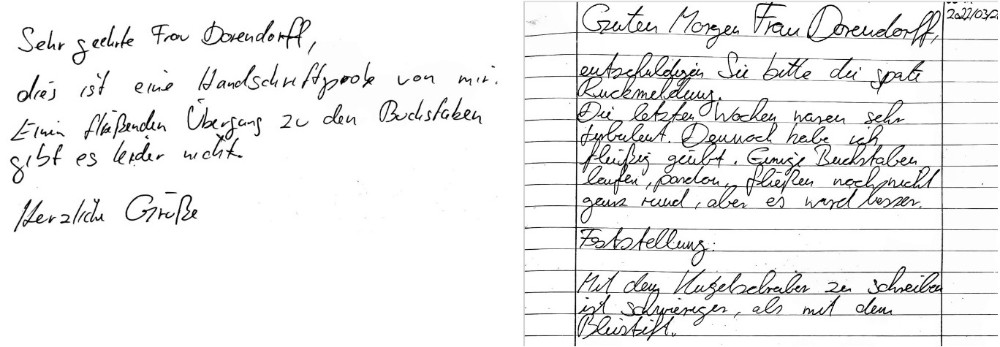 Die Handschrift von Daniel Enchelmaier, Musikpädagoge (35) ̶ vorher und fünf Wochen später. Abbildung: Daniel Enchelmaier