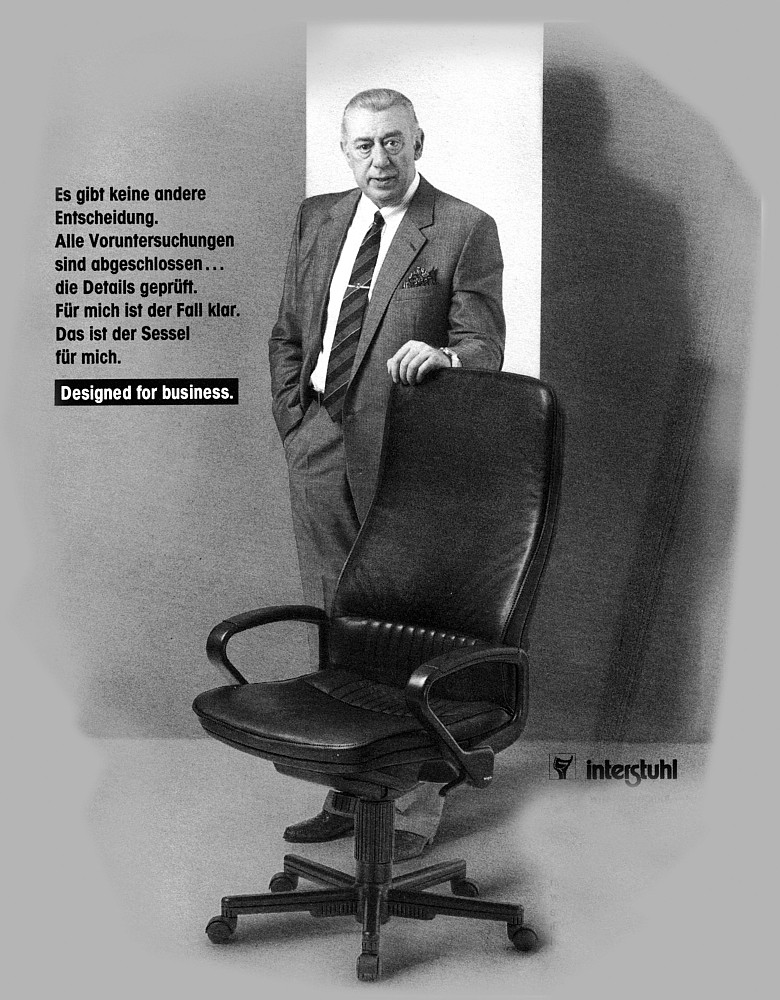 Derrick (Horst Tappert) verkörpert Glaubwürdigkeit. Büromöbel sind nun auch in der Wirtschaftspresse zu finden (1992). Abbildung: Interstuhl