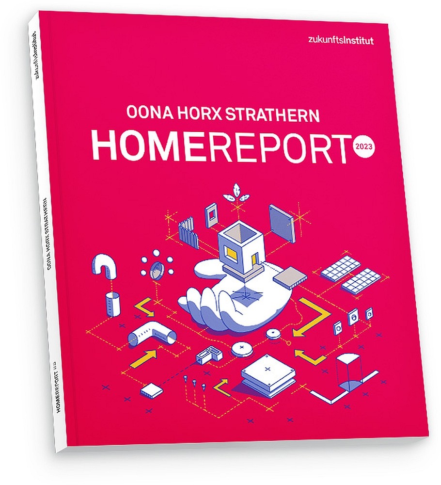 Oona Horx Strathern: „Home Report 2023 – Zukunft des Wohnens und Bauens“, Zukunftsinstitut, S. 144, 175 €. 