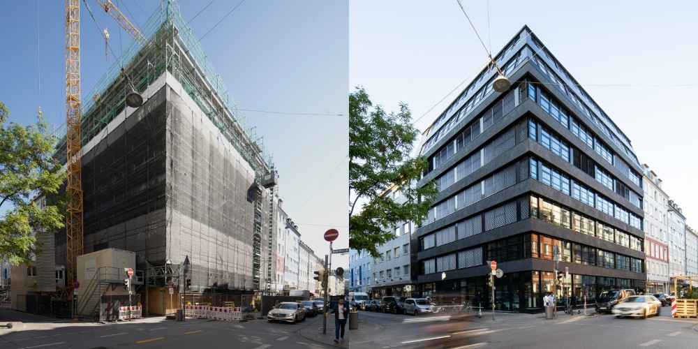 Das aus den 1970er-Jahren stammende Bürogebäude „Fritz“ wurde grundlegend revitalisiert und erweitert. Abbildung: Gleb Polovnykov