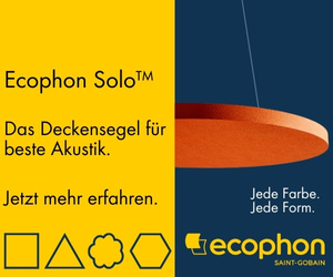 Ecophon Solo Akustik-Deckensegel und Baffeln.