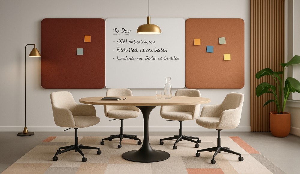 Decato Modul Scene von Preform: Der Schallschutz am Arbeitsplatz durch Schallabsorber an der Wand. Abbildung: Preform