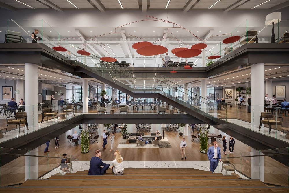 Das neu gestaltete Penthouse am Potsdamer Platz ist ein lichtdurchfluteter Community-Hub. Abbildung: Studio Odey
