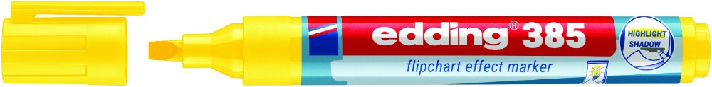 Auch aus der Ferne gut sichtbar: Die Effektmarker sind mit einer flexiblen Pinselspitze ausgestattet und stehen in den vier leuchtenden Farben Gelb, Grau, Hellblau und Orange zur Verfügung. Abbildung: Edding