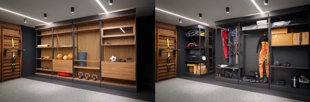 RoomSpin bietet eine effiziente Flächennutzung: Auf der einen Seite modernes Gym, auf der anderen Seite individueller Storagebereich. Abbildung: Hettich
