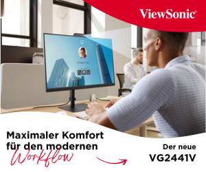 Viewsonic VG2441V: Der 24-Zoll-FHD-USB-C-Videokonferenzmonitor mit Windows Hello-zertifizierter Webcam. Abbildung: Viewsonic