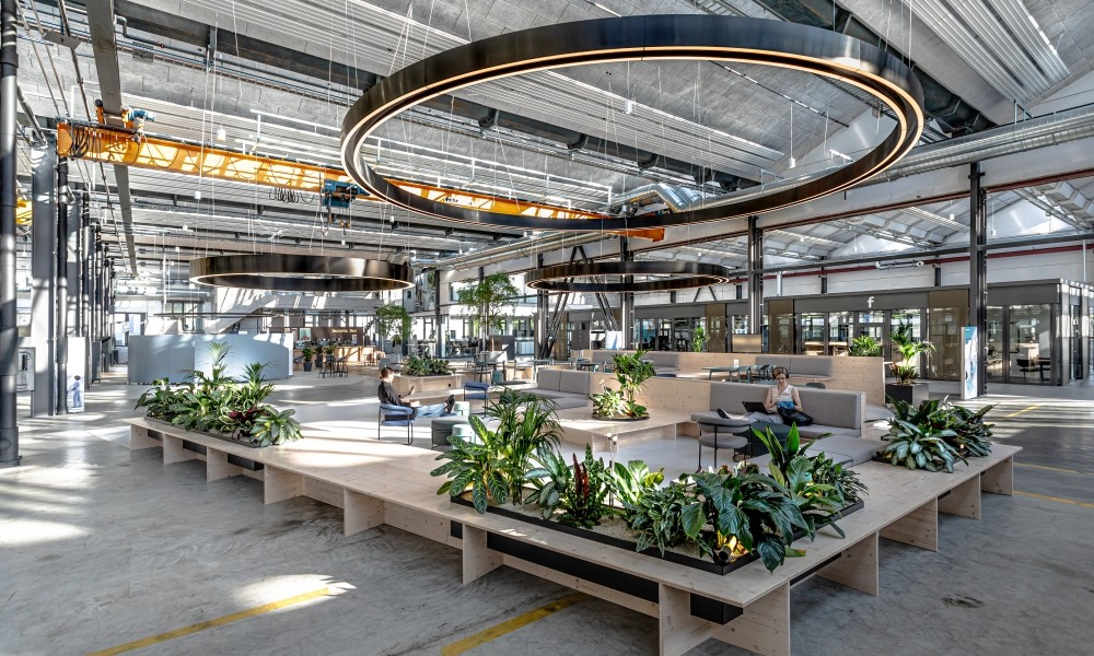 Der Pocketpark in der Mitte der Halle bietet informelle Sitzgelegenheiten zum entspannten Arbeiten und Austauschen. Abbildung: Arnold Weihs