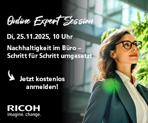 Online-Expert-Session von Ricoh „Nachhaltigkeit im Büro – Schritt für Schritt umgesetzt“, am 25. November 2025 von 10:00–11:00 Uhr. Jetzt anmelden. Abbildung Ricoh