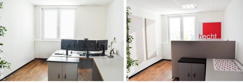 Referenzprojekt Firma Hecht International: Büroumgebung vorher (li.) und nachher (re.). Abbildung: Preform
