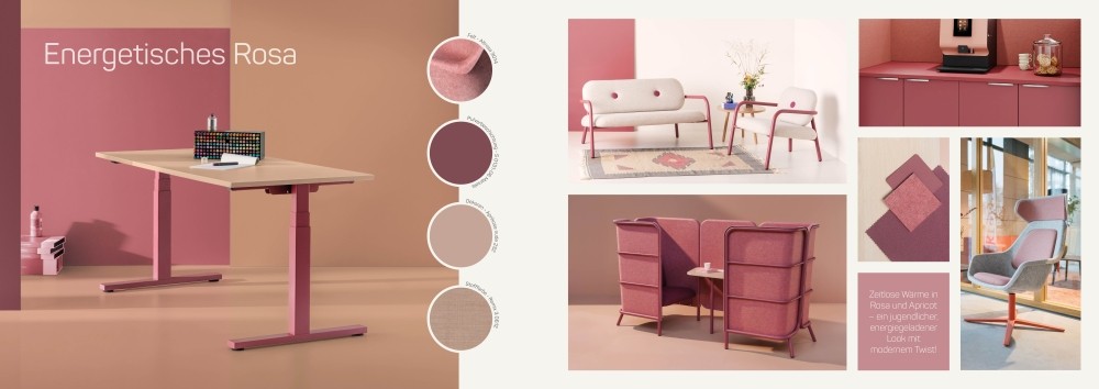 Energetisches Rosa kombiniert Rosa- und Apricotnuancen zu einem frischen, modernen Akzent mit Leichtigkeit. Abbildung: Vepa