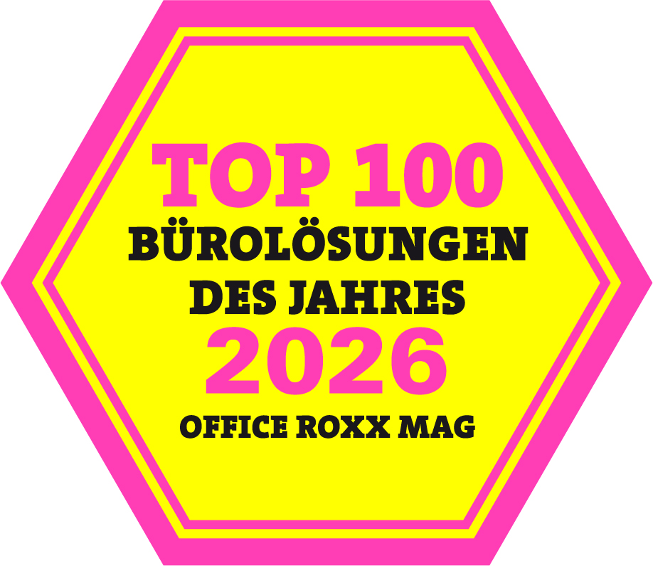 Label Top 100 Bürolösungen des Jahres 2026, OFFICE ROXX Mag #01.26. Abbildung: OFFICE ROXX