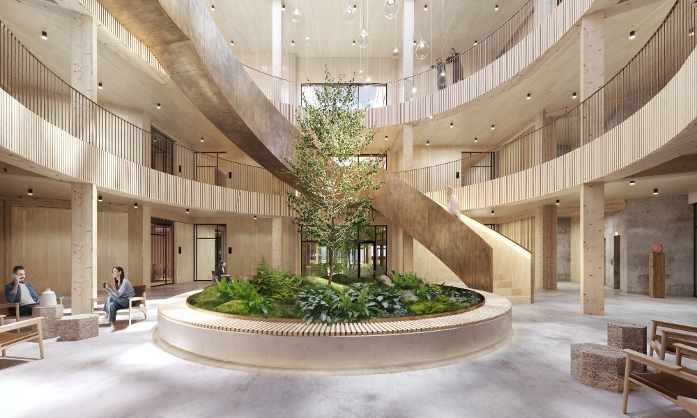 Neue Bürogebäudegeneration:Das Woods Oberhaching erfüllt den KfW40-Standard. Abbildung: Woods (Renderings)