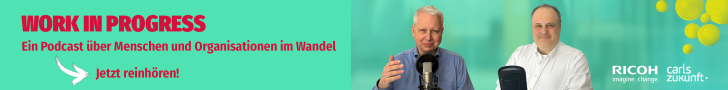 Neue Podcast-Serie „Work in Progress – Ein Podcast über Menschen und Organisationen im Wandel“. Erhalten Sie praxisnahe Einblicke in die Transformation der Arbeitswelt. Abbildung Ricoh