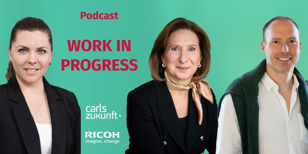 Der Podcast „Work in Progress“ blickt in die Praxis des Mittelstands. Diesmal mit: Julia Suhren und Susanne Tattersall & Marc-Oliver Dohrenbusch. Abbildung Ricoh