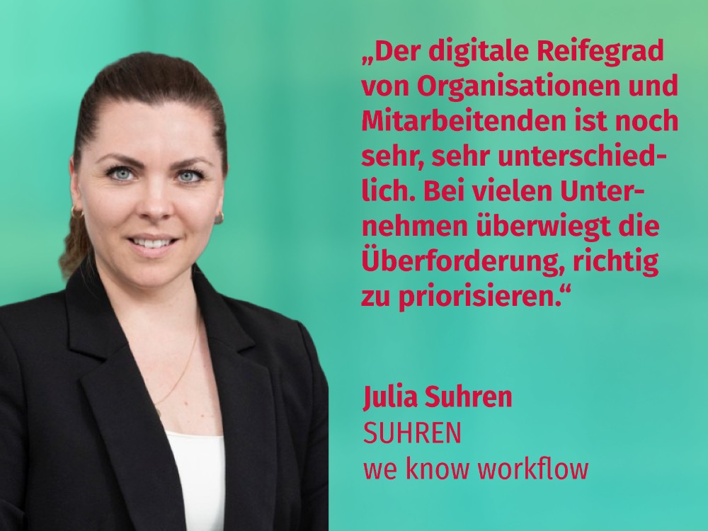 Julia Suhren, Suhren – we know workflow: „Der digitale Reifegrad von Organisationen und Mitarbeitenden ist noch sehr, sehr unterschiedlich. Bei vielen Unternehmen überwiegt die Überforderung, richtig zu priorisieren.“ Abbildung: Ricoh